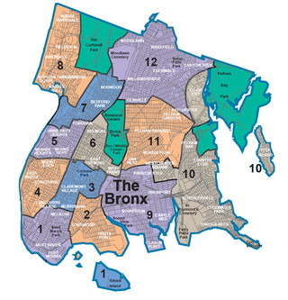 Karte die stadtteile und ortsteile in Bronx